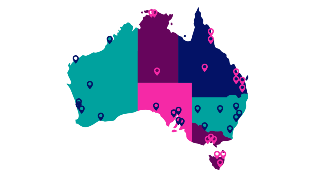 Map of Australia with pins displayed